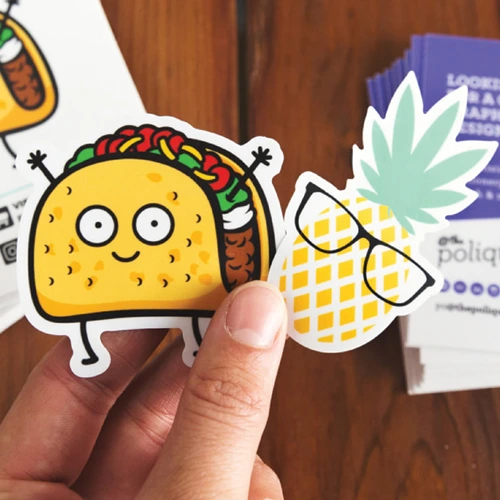 Die-cut and kiss-cut stickers with custom shapes and designs.